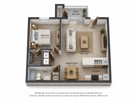 Floor plan for 1 bed, 1 bath, 700 sqft